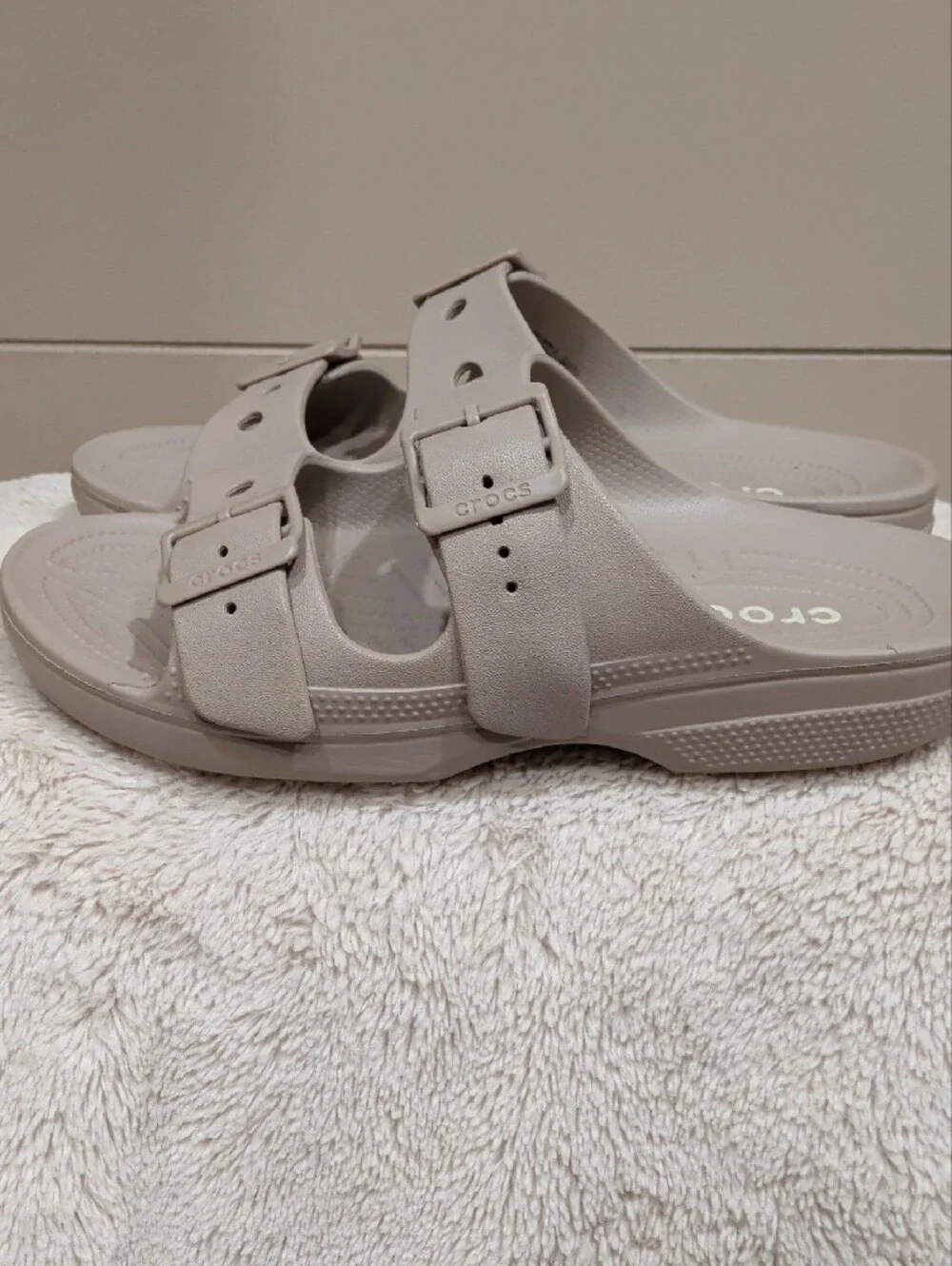 CROCS Women’s Dual-Buckle Slide Sandal in Taupe